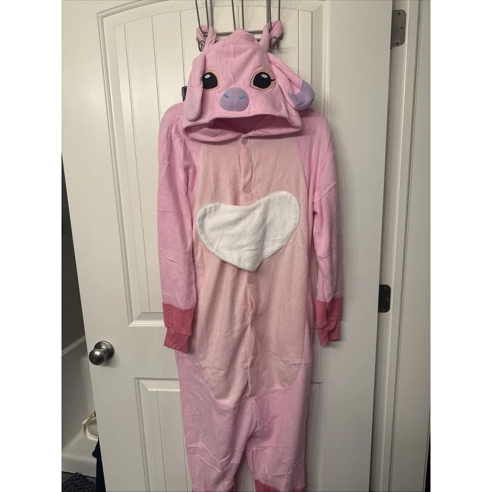 Adult Pink Hooded Fleece Pajamas Cosplay PJ's Costume Fullbody Suit Nwt Small